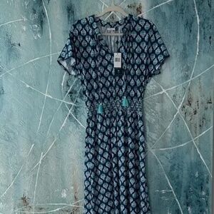 NWT Cabana Life Smock Waist Navy & Teal Maxi Dress